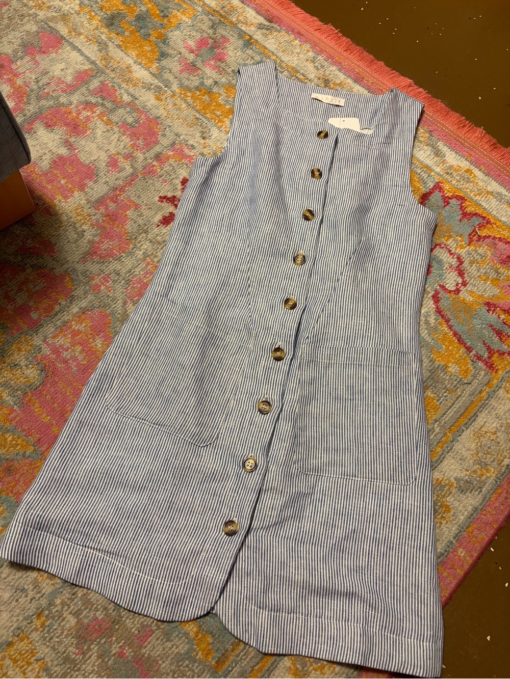 Kids blue-white striped sleeveless top with button